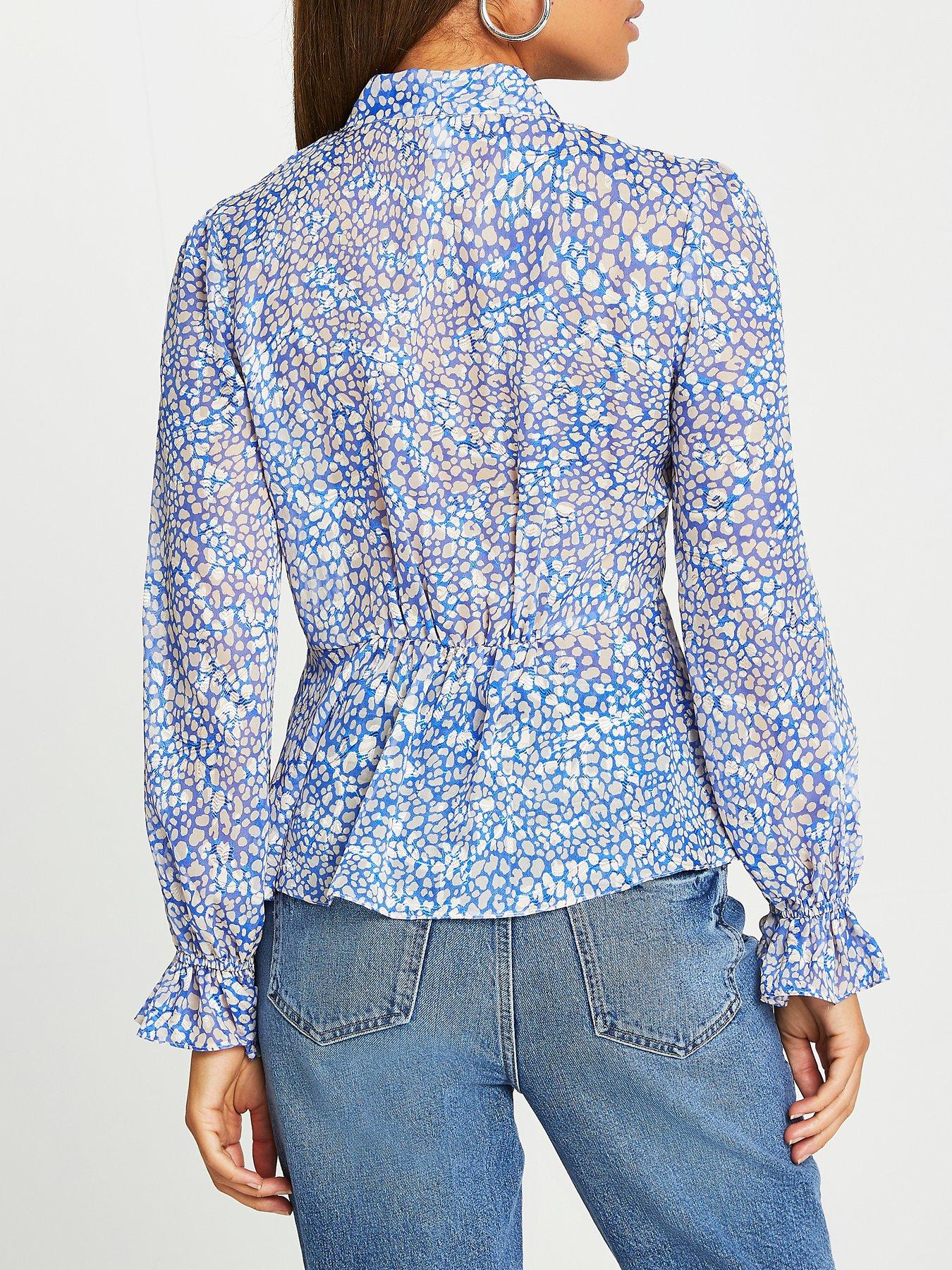 River Island Spot Chiffon Pussybow Blouse Blue very.co.uk