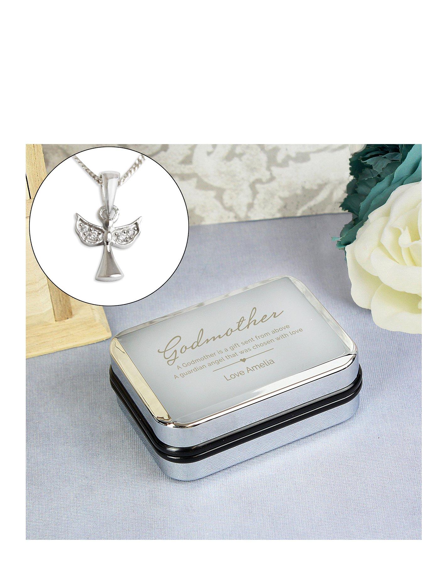 Product photograph of The Personalised Memento Company Personalised Godmother Box With Angel Pendant Necklace from very.co.uk