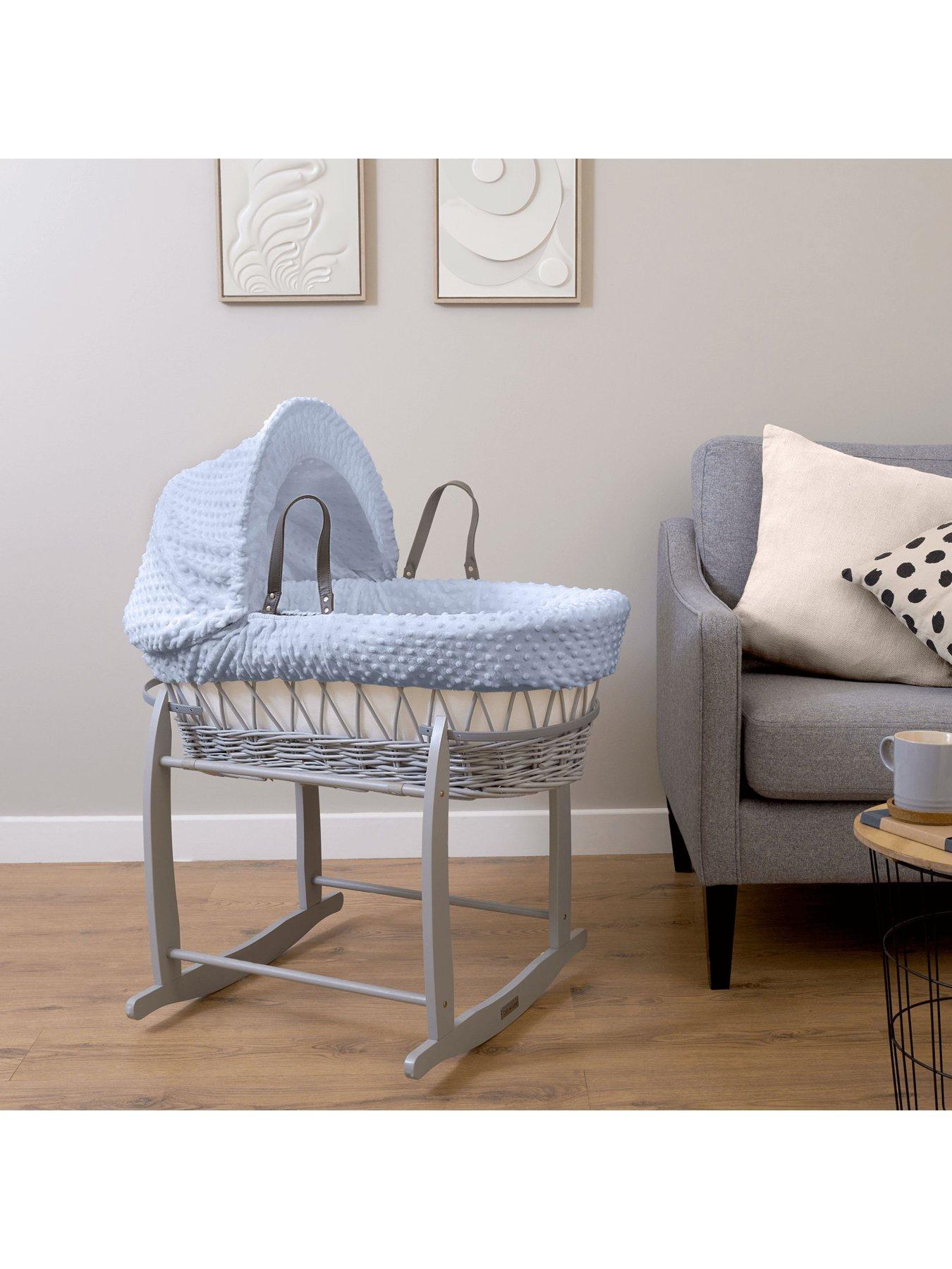 Image 1 of 6 of Clair De Lune Dimple Grey Wicker Moses Basket &amp; Deluxe Rocking Stand - Blue