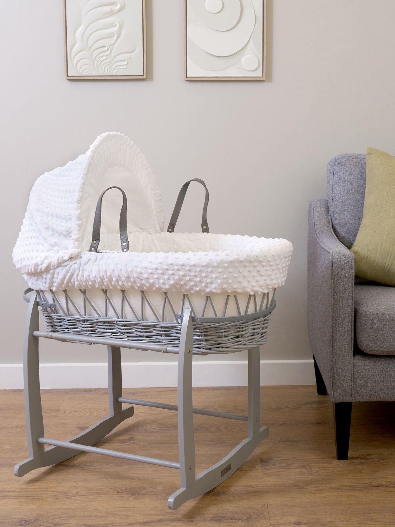 Clair De Lune Grey Dimple White Wicker Moses Basket with Rocking Stand