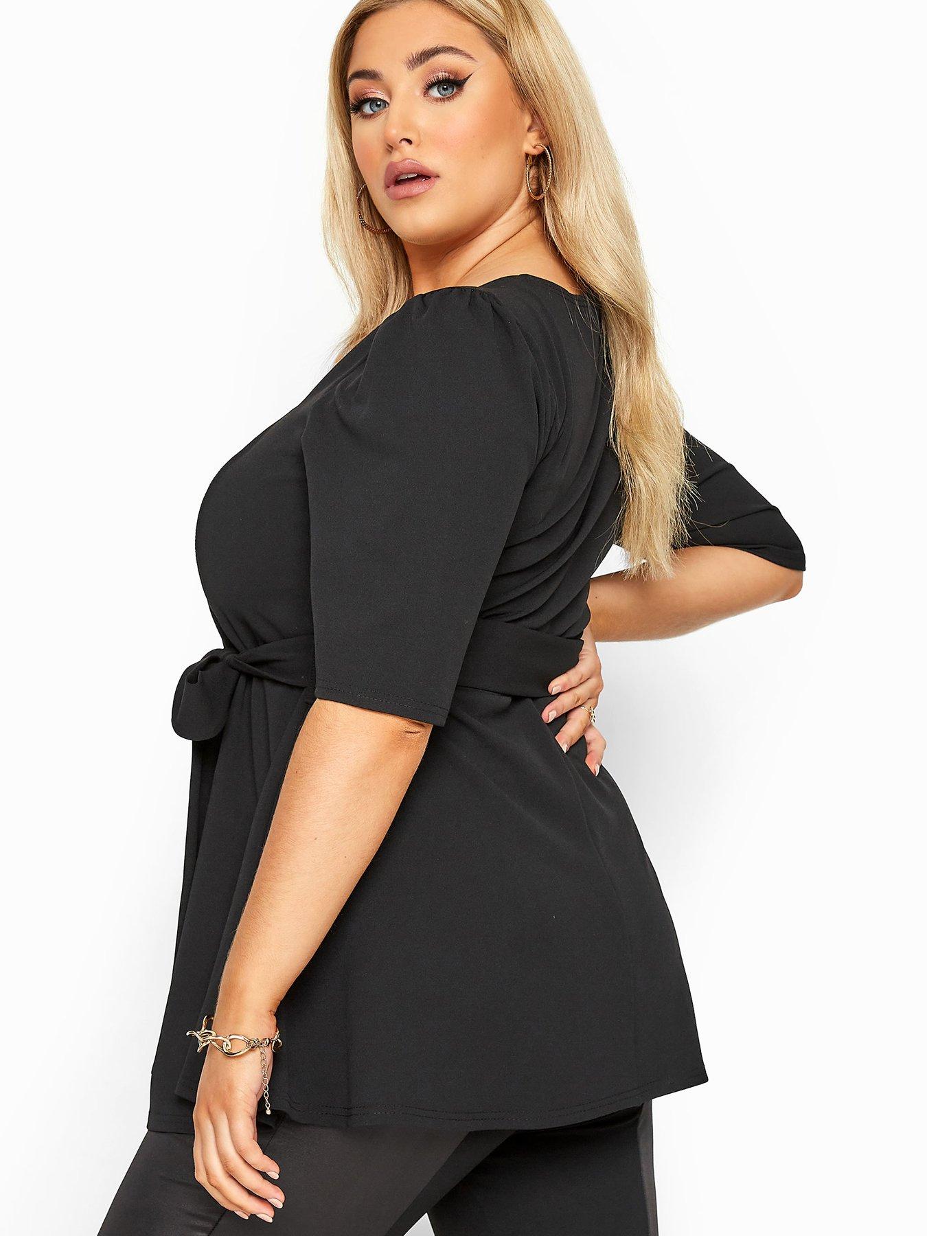  Yours London Notch Neck Belted Peplum Top - Black