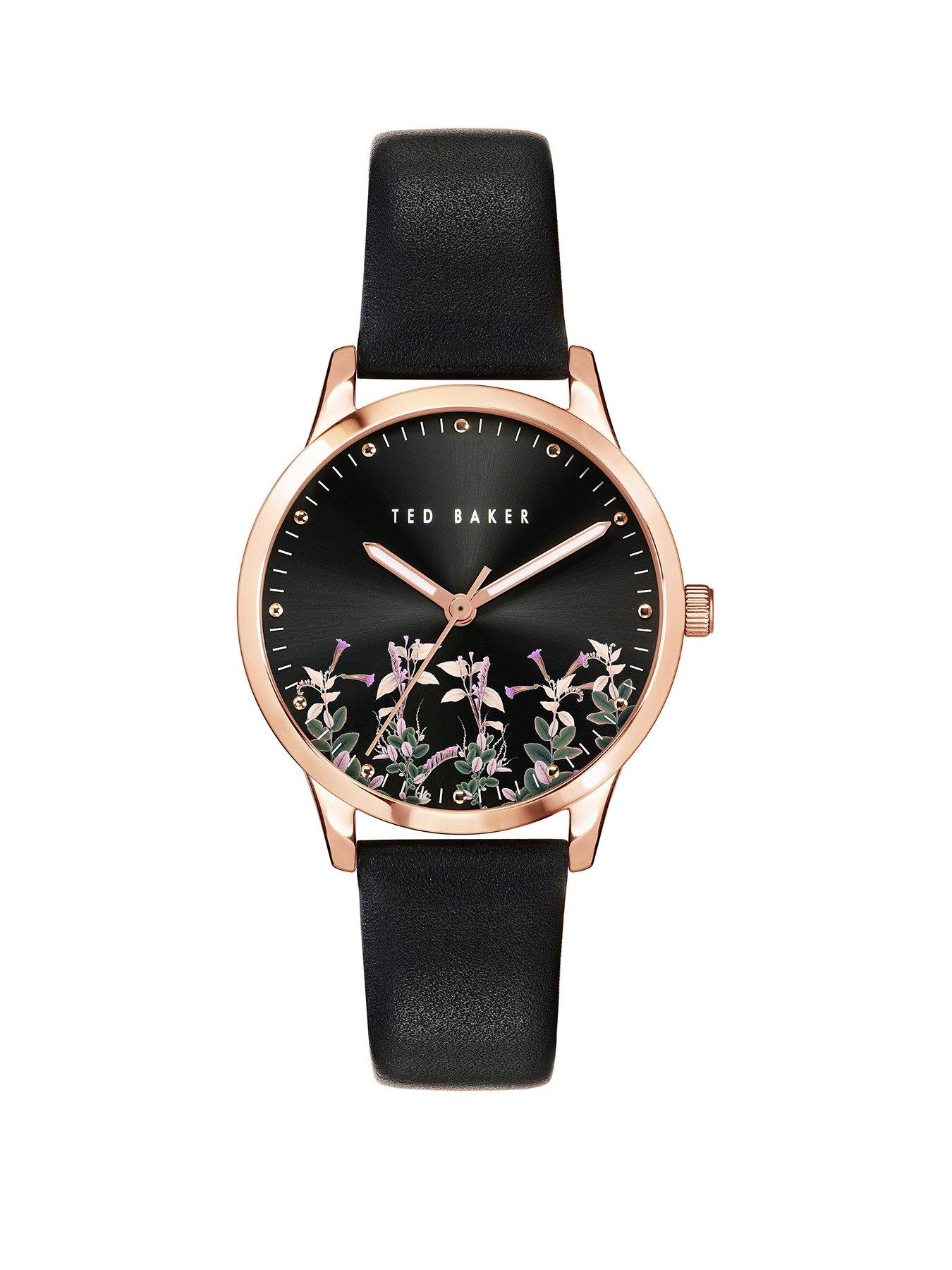  Black and Rose Gold Detail Floral Print Dial Black Leather Strap Ladies Watch