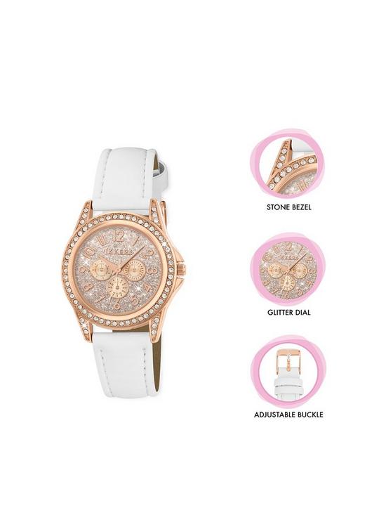 stillFront image of tikkers-rose-sparkly-dial-white-strap-kids-watch