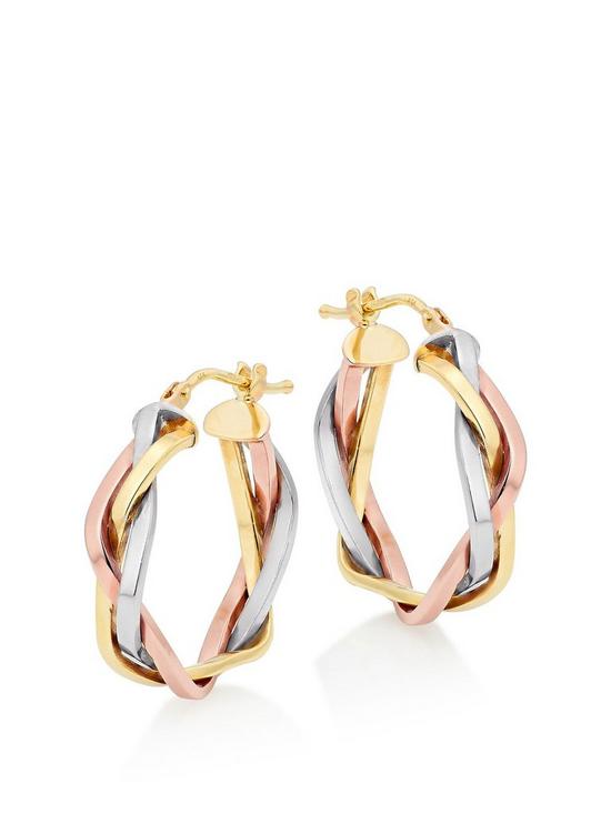 front image of beaverbrooks-gold-rose-gold-and-white-gold-plait-hoop-earrings