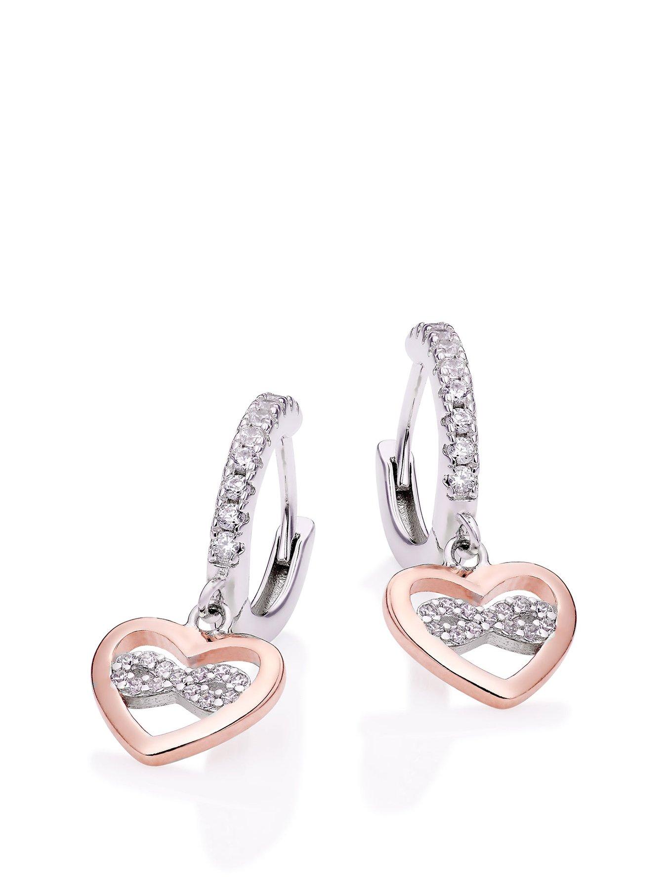 undefined Silver Rose Gold Plated Cubic Zirconia Heart Charm Hoop Earrings