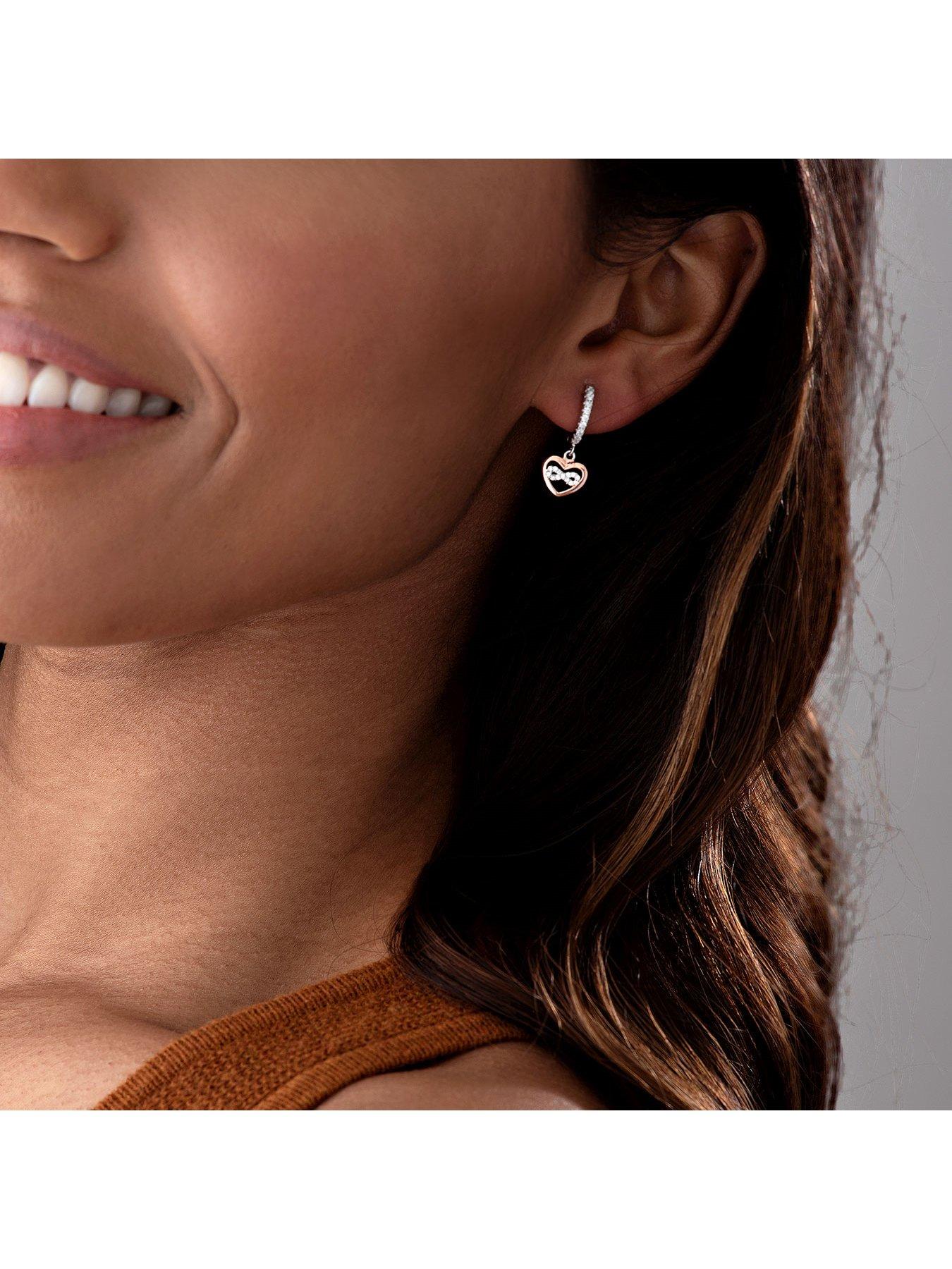 Image 2 of 3 of Beaverbrooks Silver Rose Gold Plated Cubic Zirconia Heart Charm Hoop Earrings