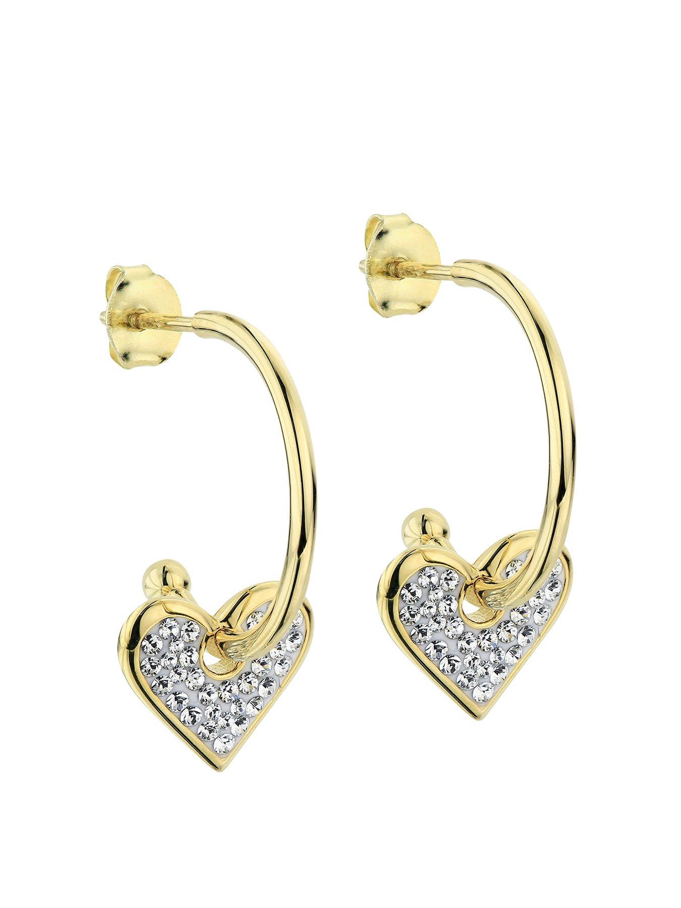  Sterling Silver Gold Plated Removable Crystal Heart Charm Hoop Stud Earrings
