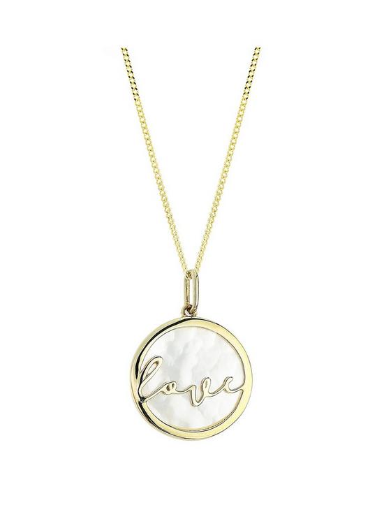 front image of the-love-silver-collection-yellow-gold-plated-silver-mother-of-pearl-love-pendant-necklace
