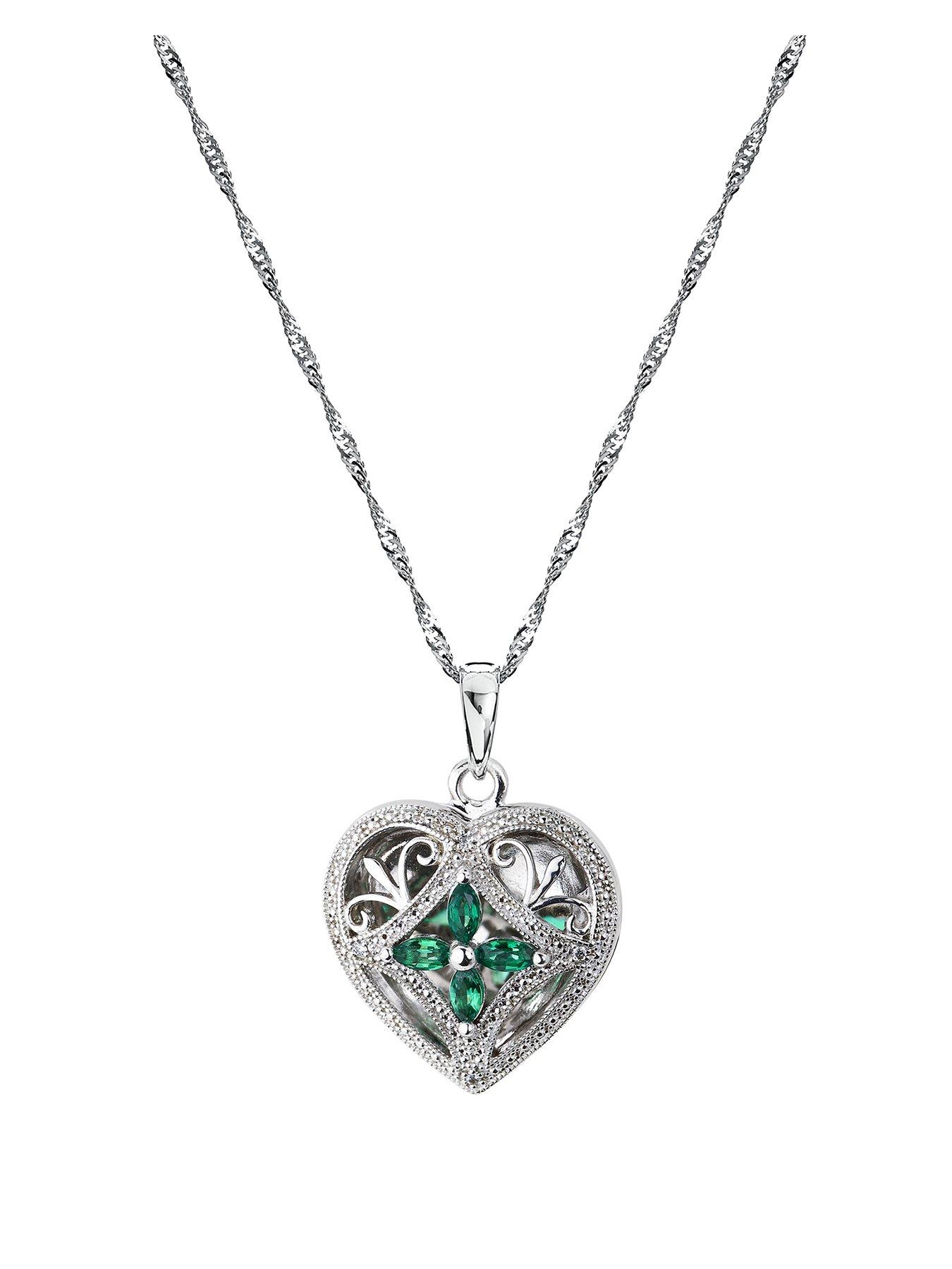 Jewellery & watches STERLING SILVER CREATED EMERALD AND DIAMOND 18MM HEART LOCKET