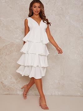Chi Chi London Sleeveless Ruffle Midi Dress - White