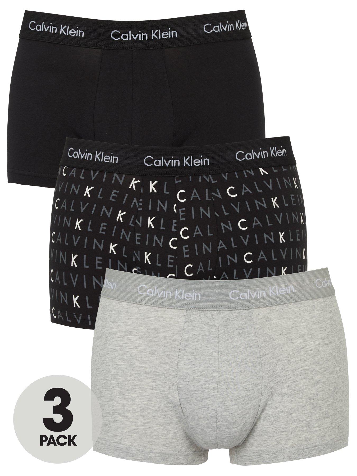 Calvin Klein 3 Pack Plain / Print Low Rise Trunks - Black/Grey | very.co.uk