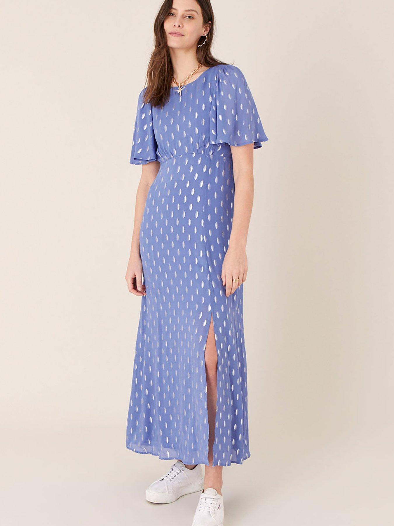 Monsoon Ann Fabric Interest Lurex Tea Dress - Blue | very.co.uk