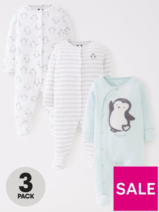 front image of mini-v-by-very-baby-unisex-3-pack-penguin-sleepsuitnbsp--multi
