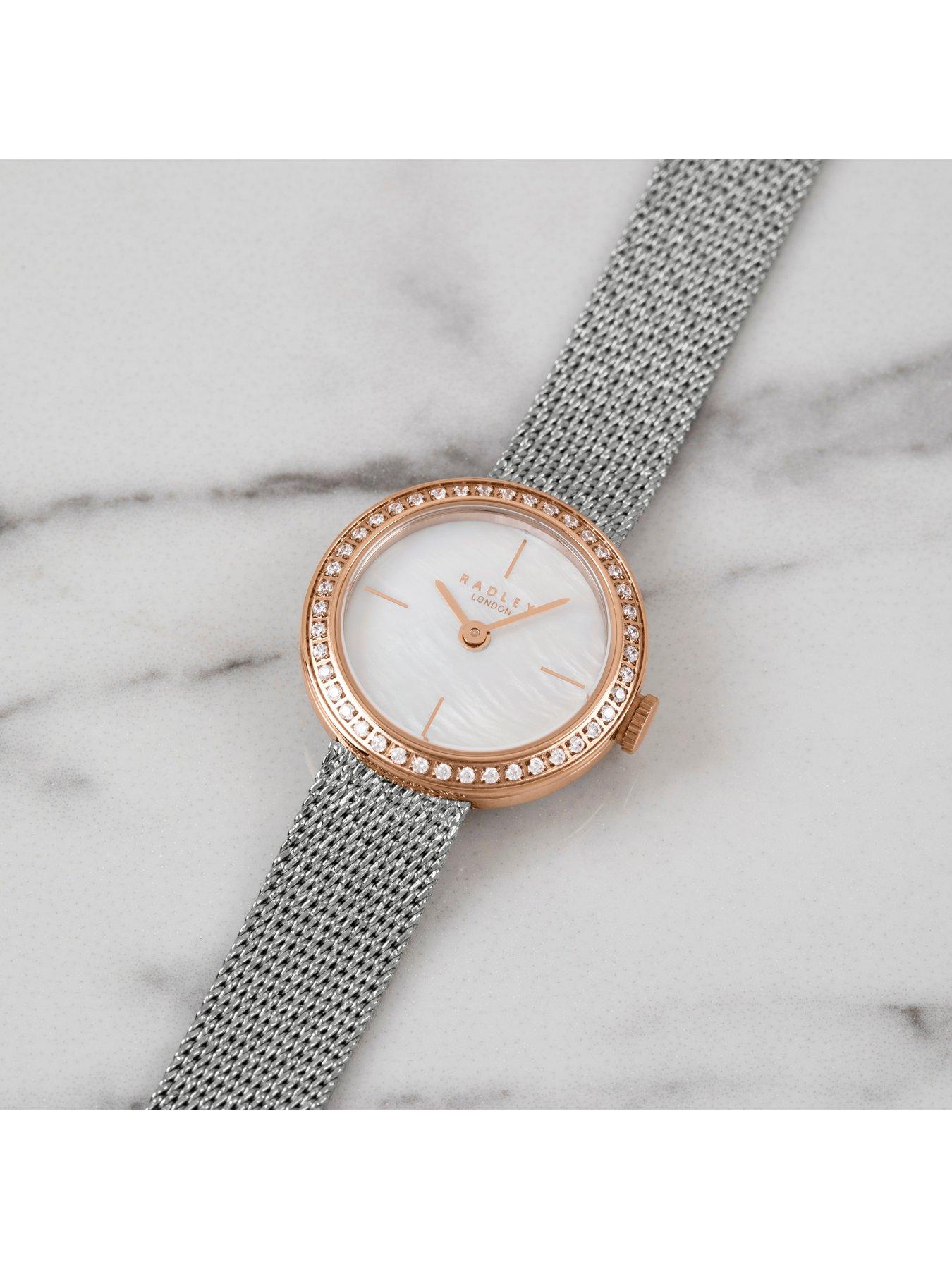 Women Mother Of Pearl Dial Stoneset Rose Tone Bezel Stainless Steel Mesh Watch