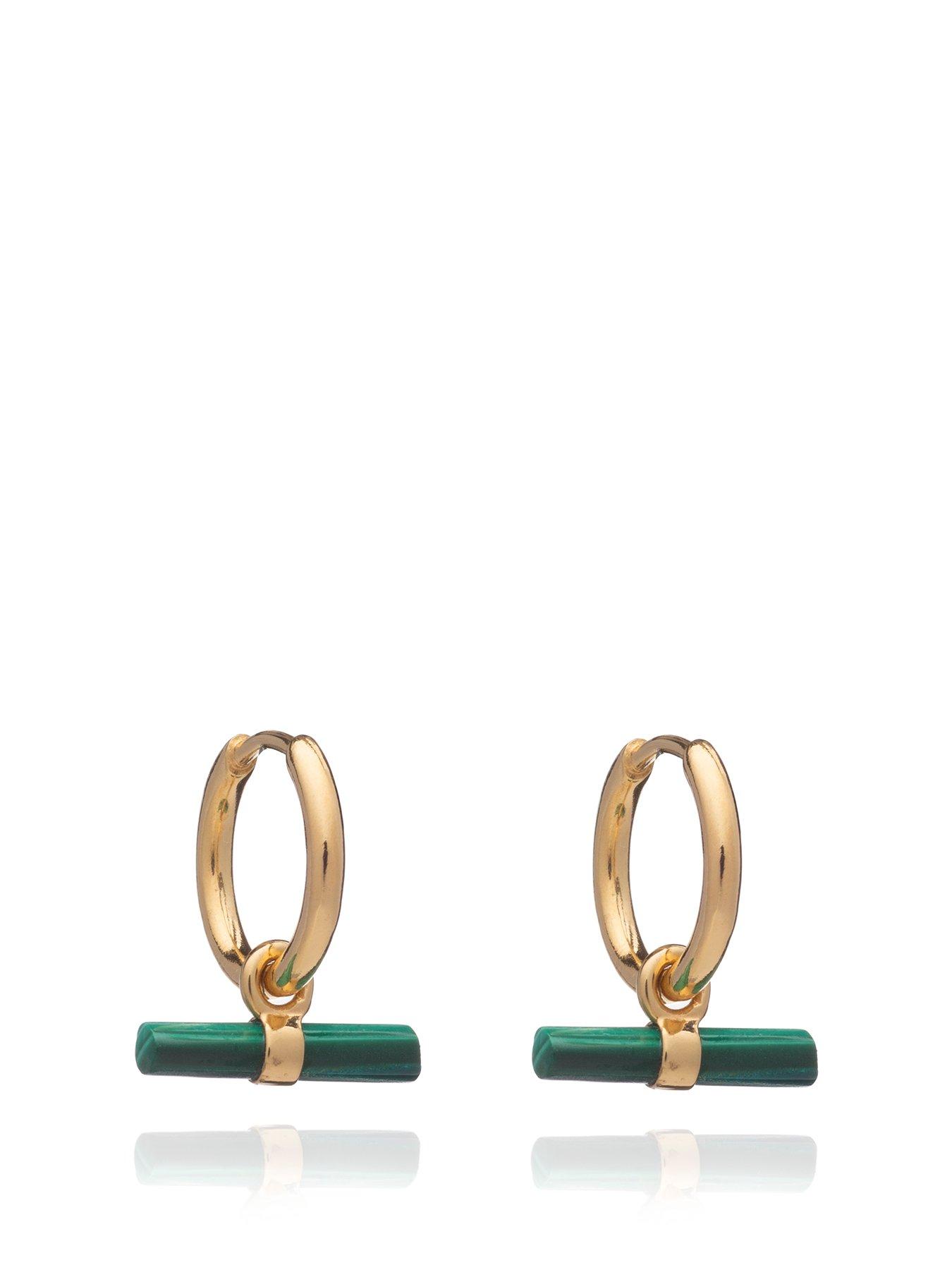 undefined Mini Malachite T Bar Gold Huggie Hoop Earrings