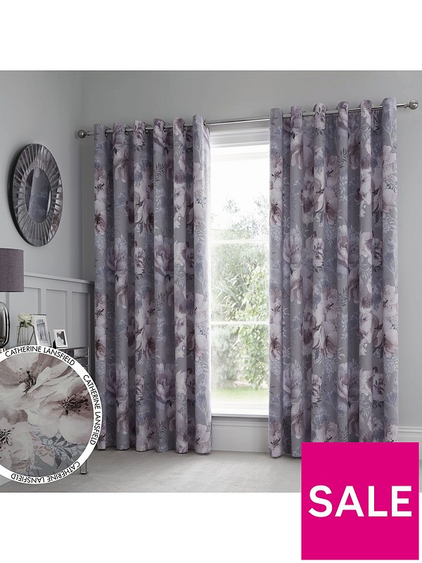 Catherine Lansfield Embroidered Blossom Eyelet Curtains Grey 66 x 72 Inch 