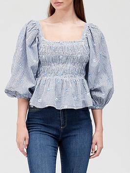 River Island Shirred Waist Flower Detail Embroidered Top - Blue | very