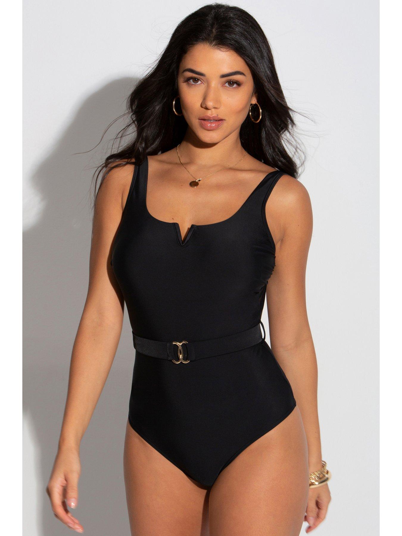 Women Space Notch Neck Belted Control Swimsuit - Black
