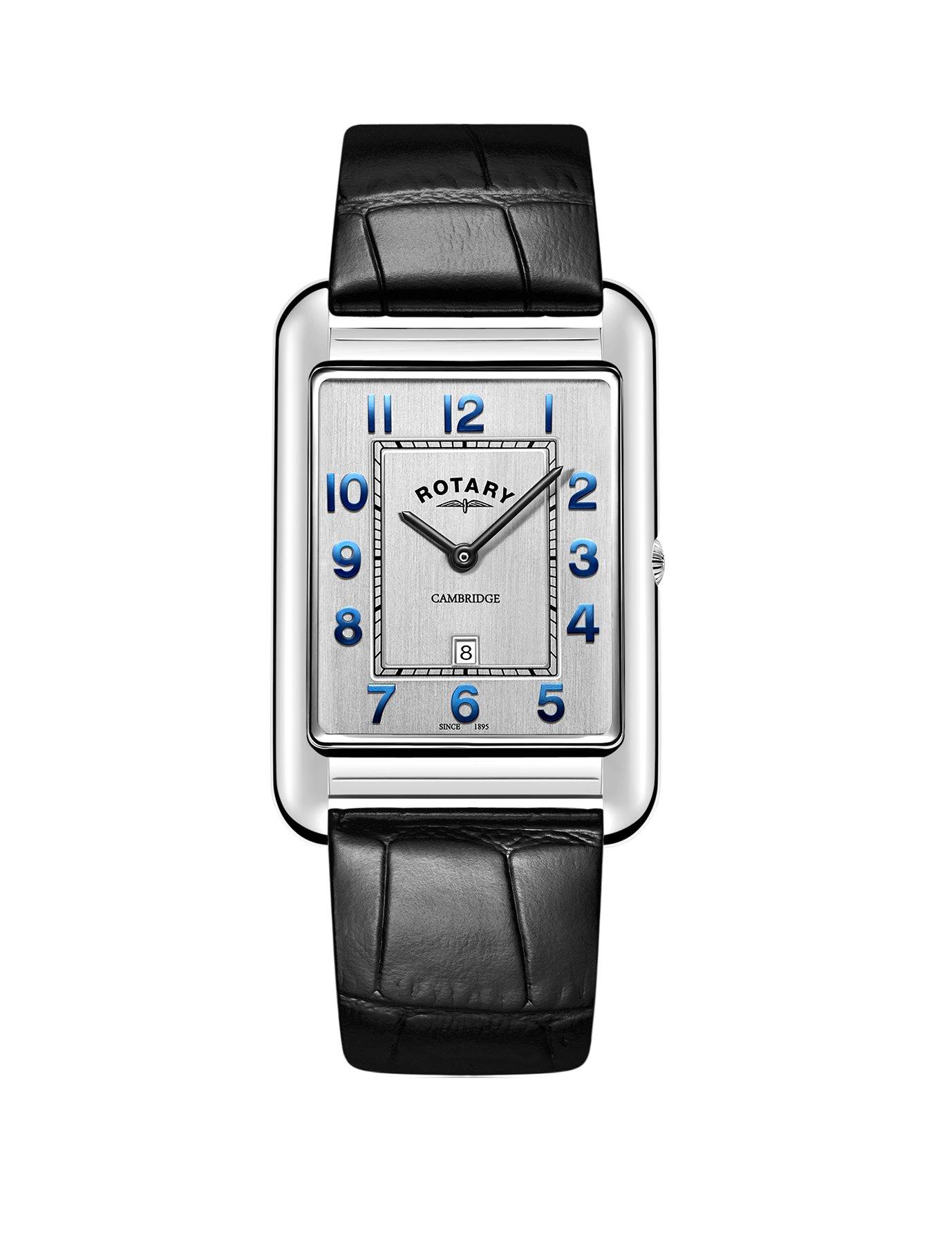 Jewellery & watches Silver Square Dial Blue Accents Black LeaterStrap Watch