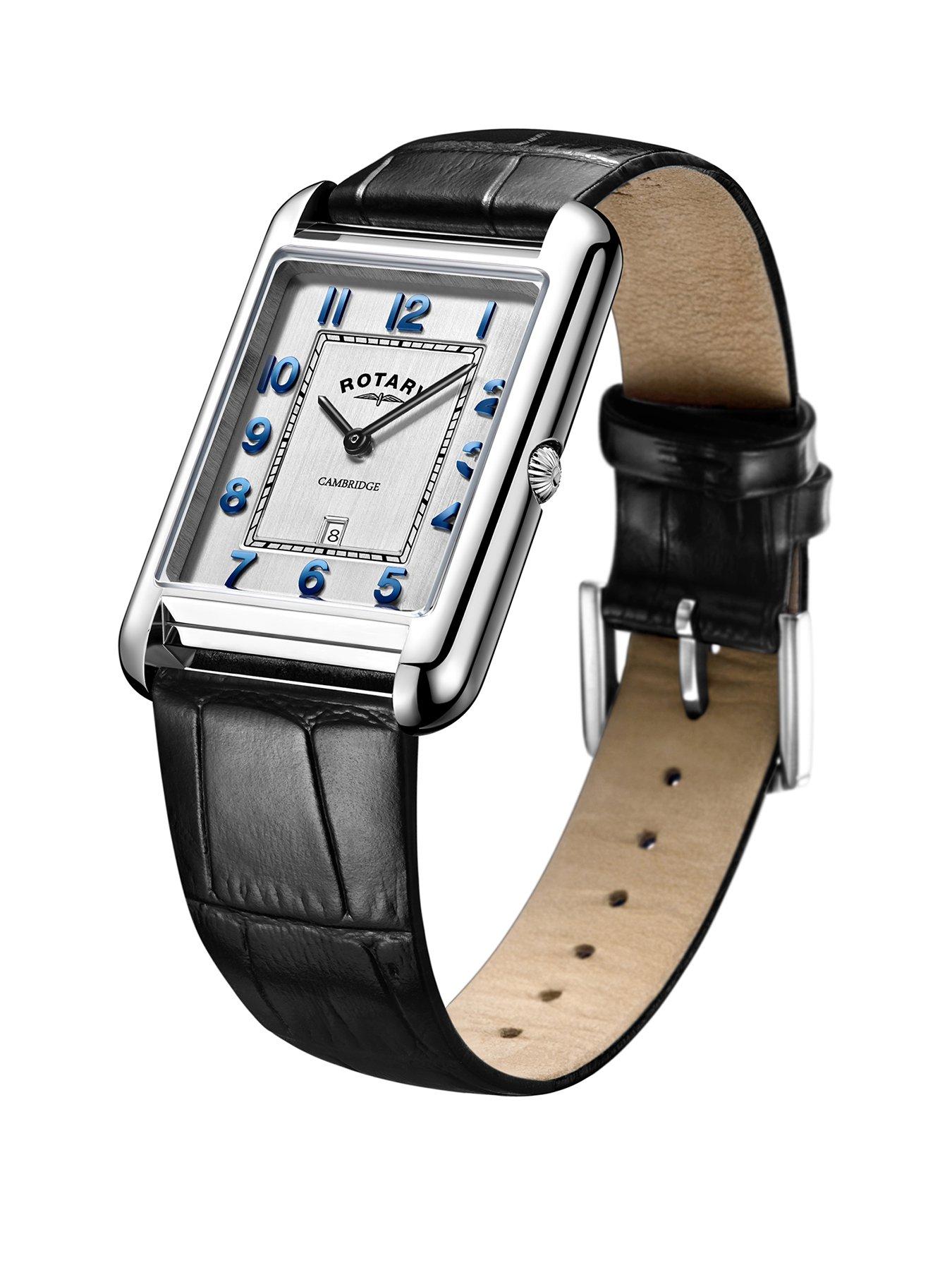 Jewellery & watches Silver Square Dial Blue Accents Black LeaterStrap Watch