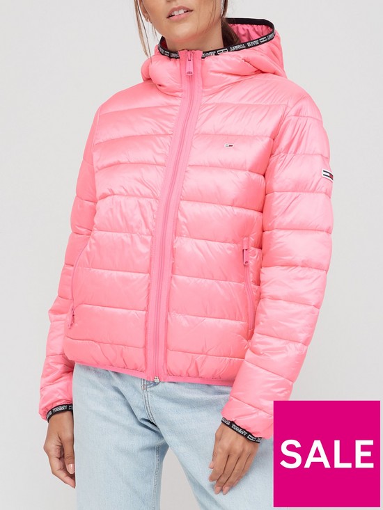 front image of tommy-jeans-hooded-padded-tape-trim-jacket-pink