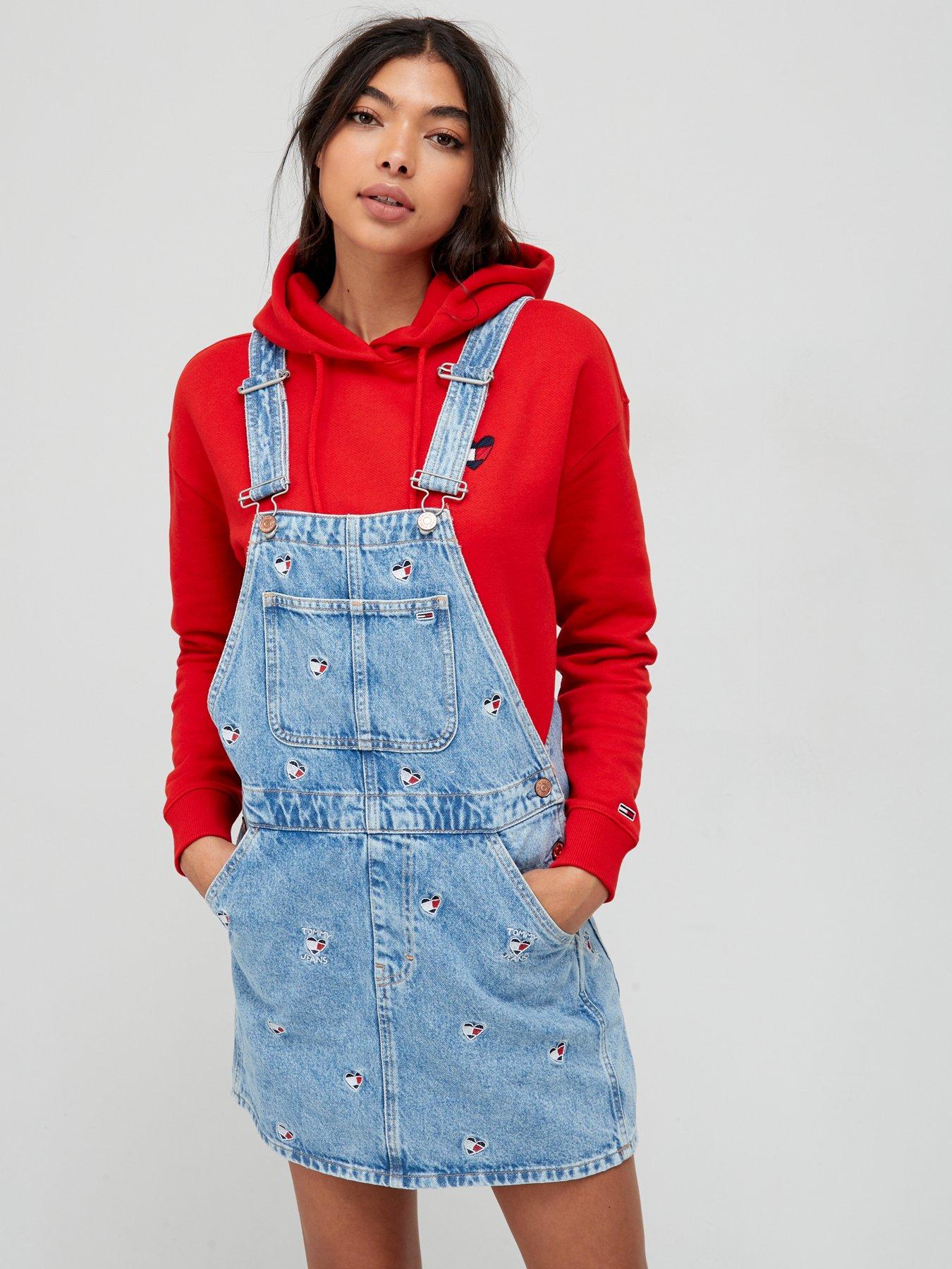 red denim dungaree dress