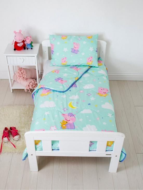 front image of rest-easy-sleep-better-peppa-pig-coverless-quilt-4-tog-toddler-with-filled-pillow