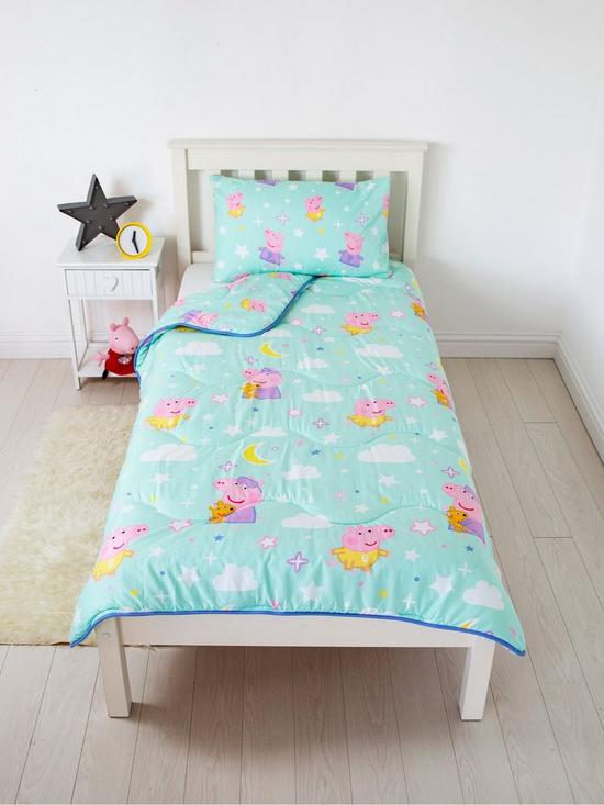 front image of rest-easy-sleep-better-peppa-pig-coverless-quilt-45-tog-single-with-pillowcase