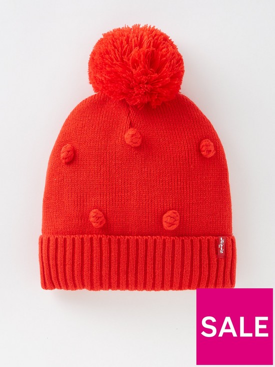 front image of levis-womens-popcorn-stitch-beanie-red