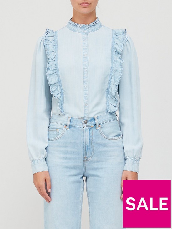 front image of sofie-schnoor-high-neck-chambray-top-blue