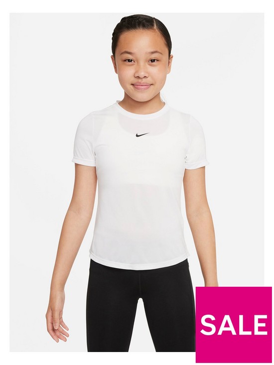 front image of nike-girlsnbspdri-fit-one-short-sleeve-t-shirt-whiteblack