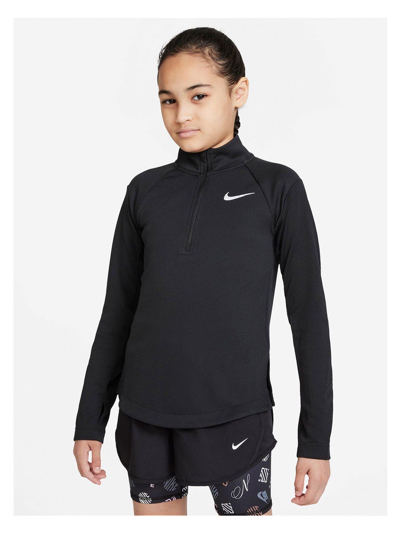 Nike Girls Dri-Fit Long Sleeve Half Zip Top Run Top - Black | Very.co.uk