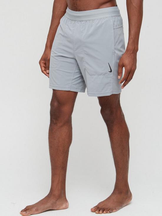 front image of nike-train-dry-fit-flex-yoga-shorts-greyblack