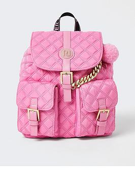River Island Girls Quilted Pom Backpack-Pink | very.co.uk