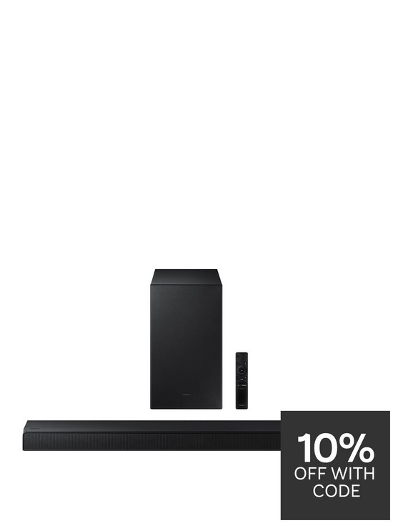 front image of samsung-hw-a550-21ch-soundbar-with-wireless-subwoofer-dts-virtualx-hdmi-bluetooth-adaptive-sound-lite-game-amp-bass-boost-mode