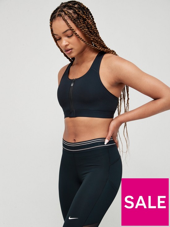 front image of nike-medium-support-zip-front-bra-black