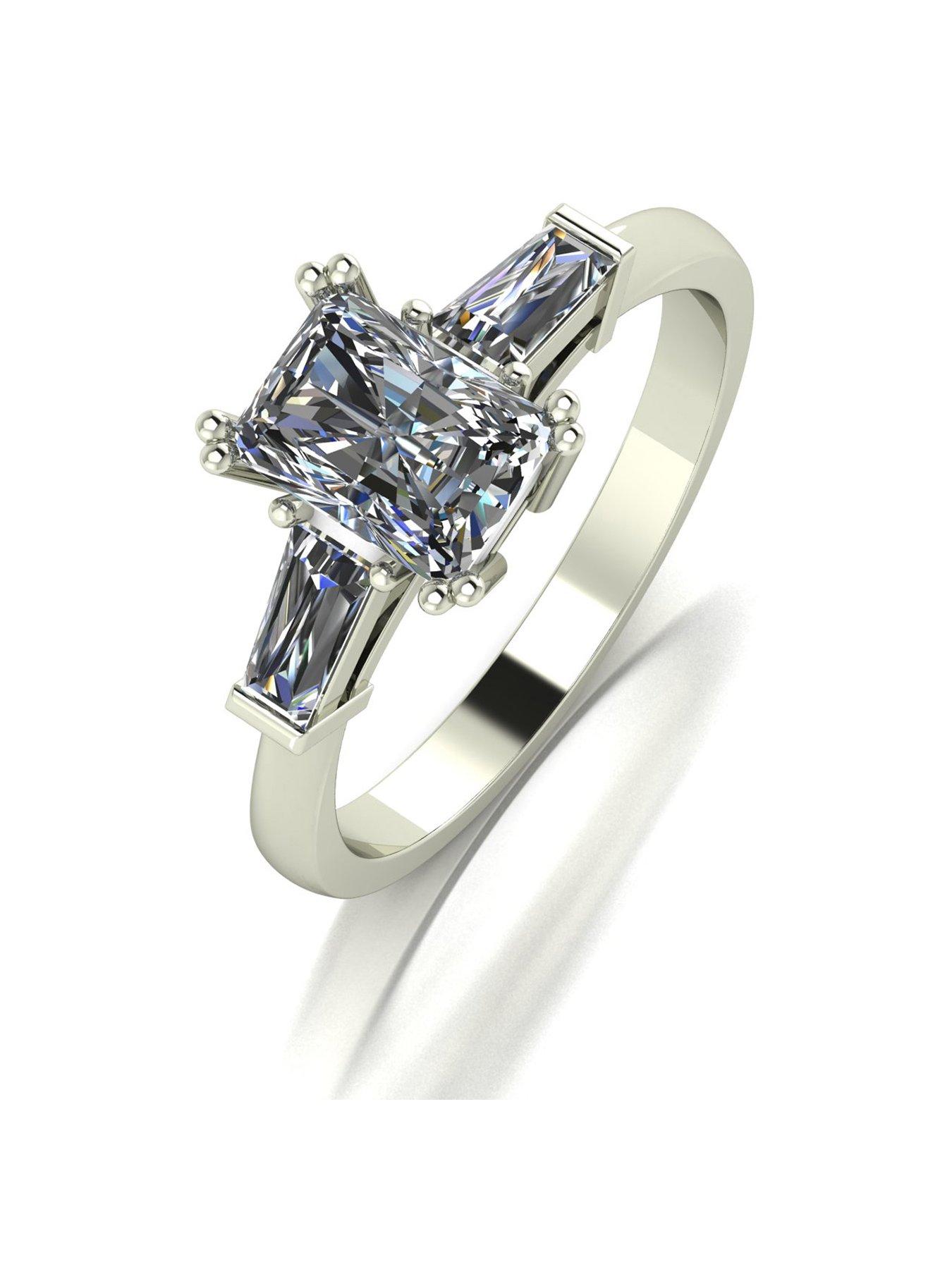 Moissanite 9ct White Gold 1.70ct Eq Radiant Cut Solitaire Ring With Tapered Baguette Shoulders