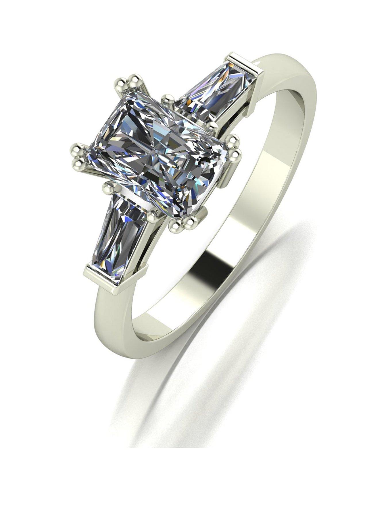 Moissanite 9ct White Gold 1.70ct Eq Radiant Cut Solitaire Ring With Tapered Baguette Shoulders