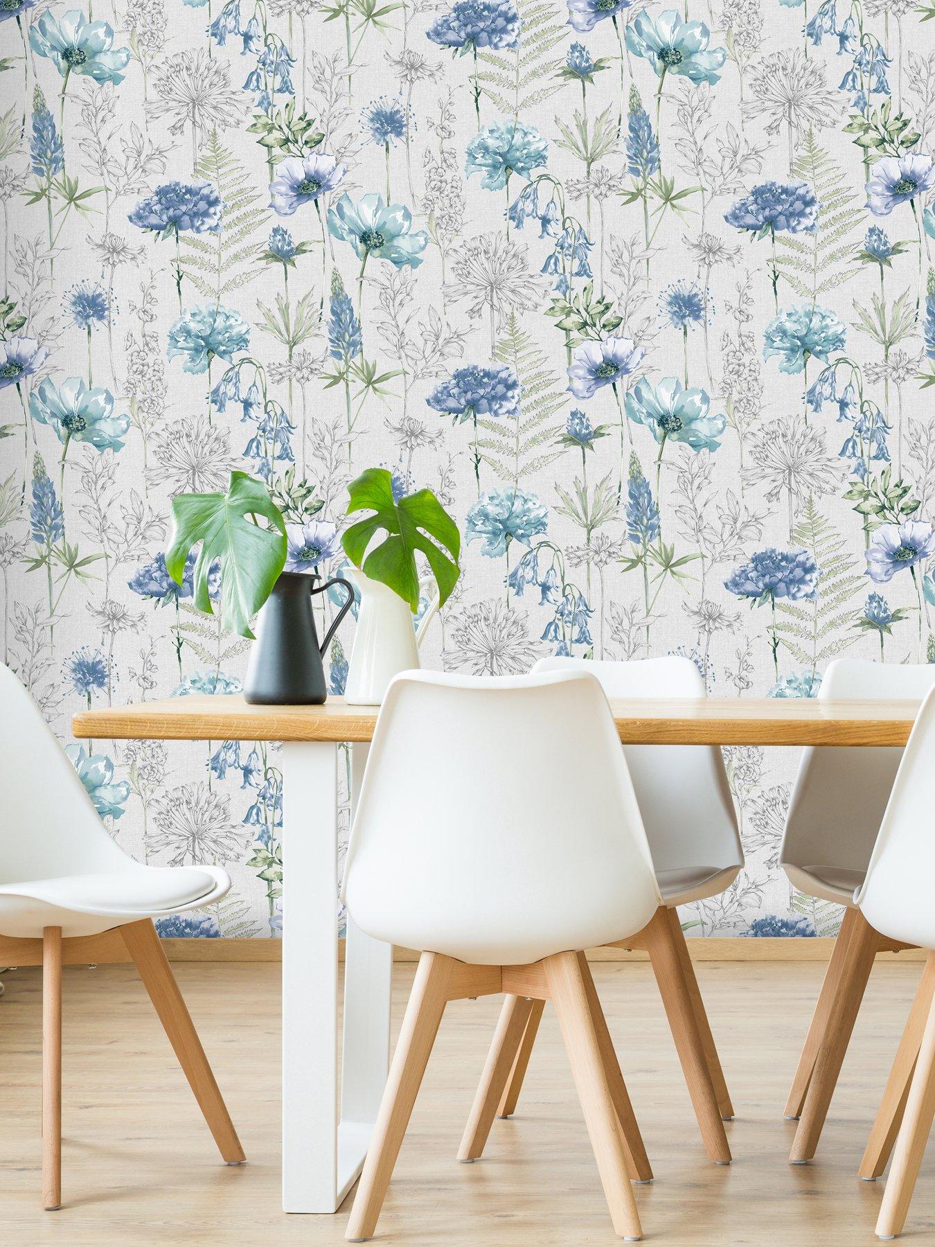 Image 1 of 3 of Fresco Floral Sketch Blue Wallpaper