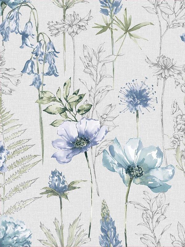 Fresco Floral Sketch Blue Wallpaper 