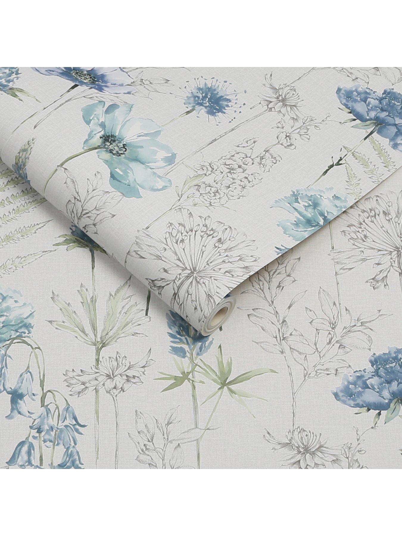 Fresco Floral Sketch Blue Wallpaper | very.co.uk