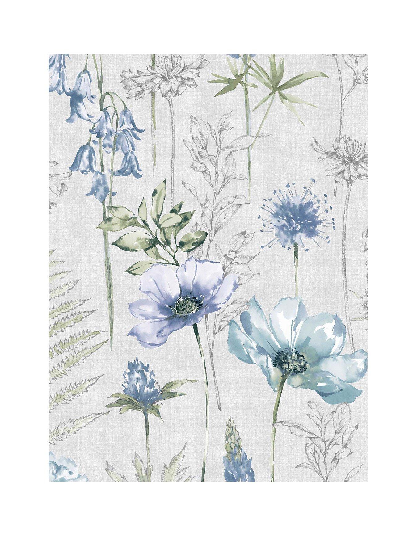 Image 2 of 3 of Fresco Floral Sketch Blue Wallpaper