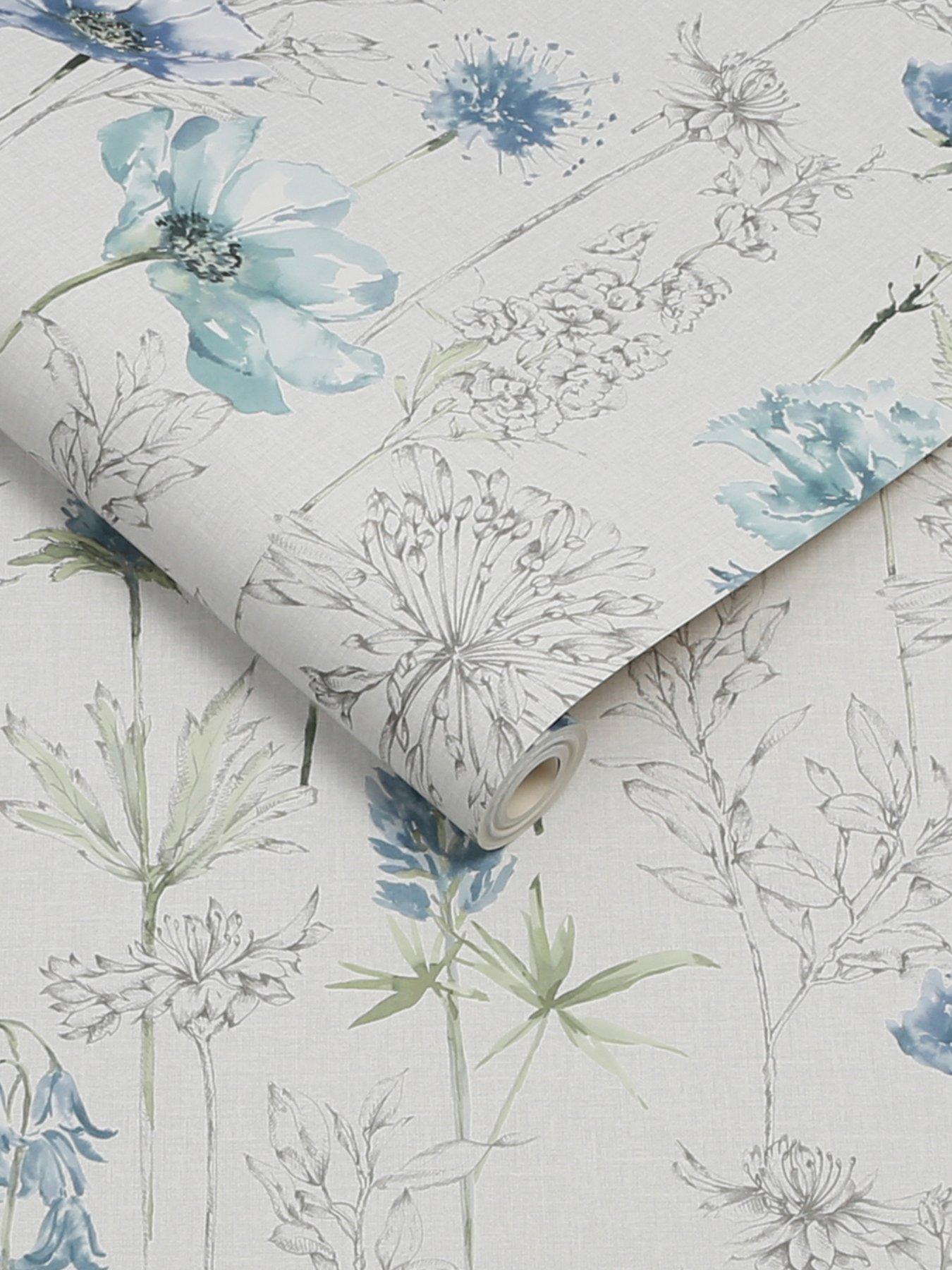 Image 3 of 3 of Fresco Floral Sketch Blue Wallpaper
