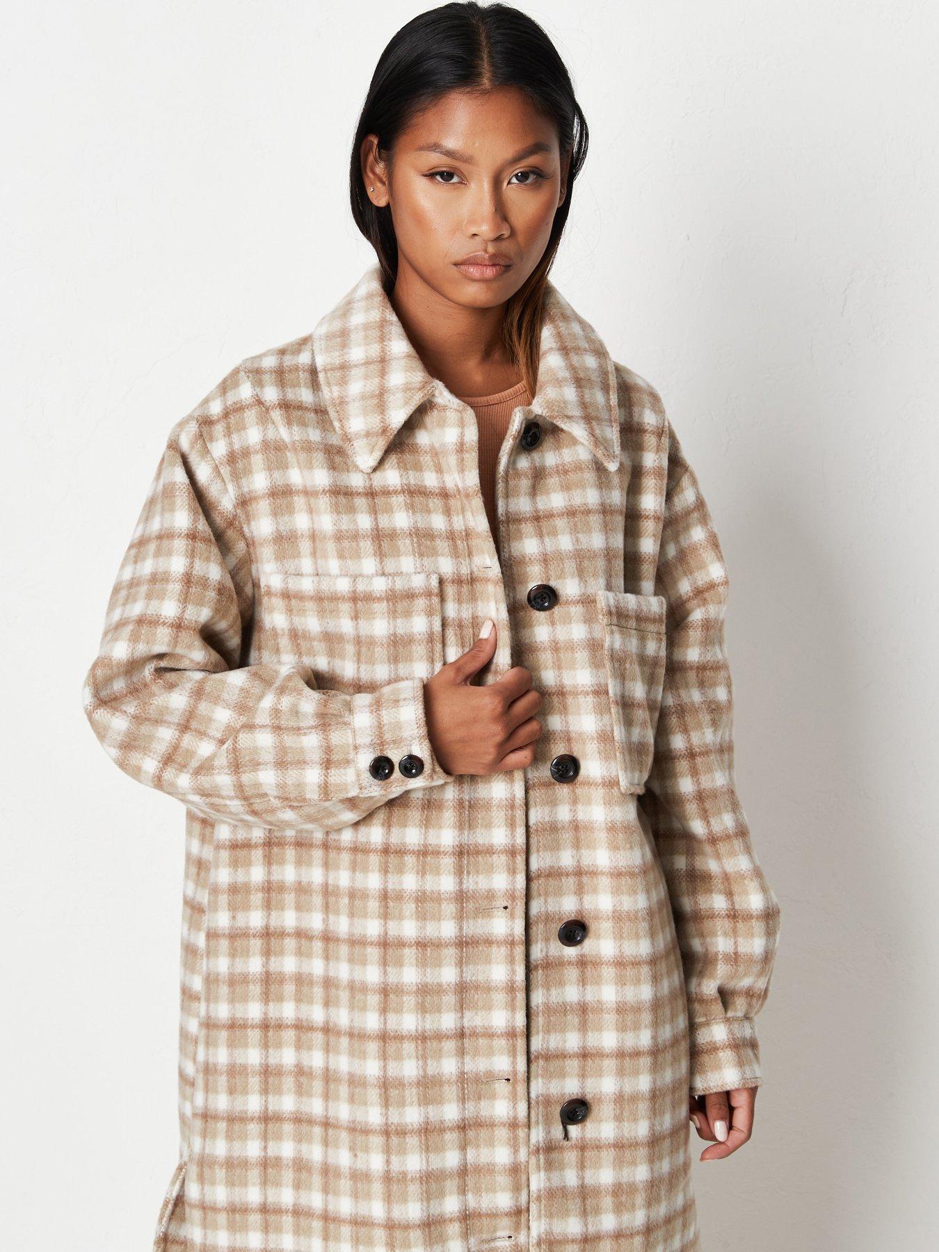 Missguided Check Longer Line Mid Length Shacket - Beige | very.co.uk