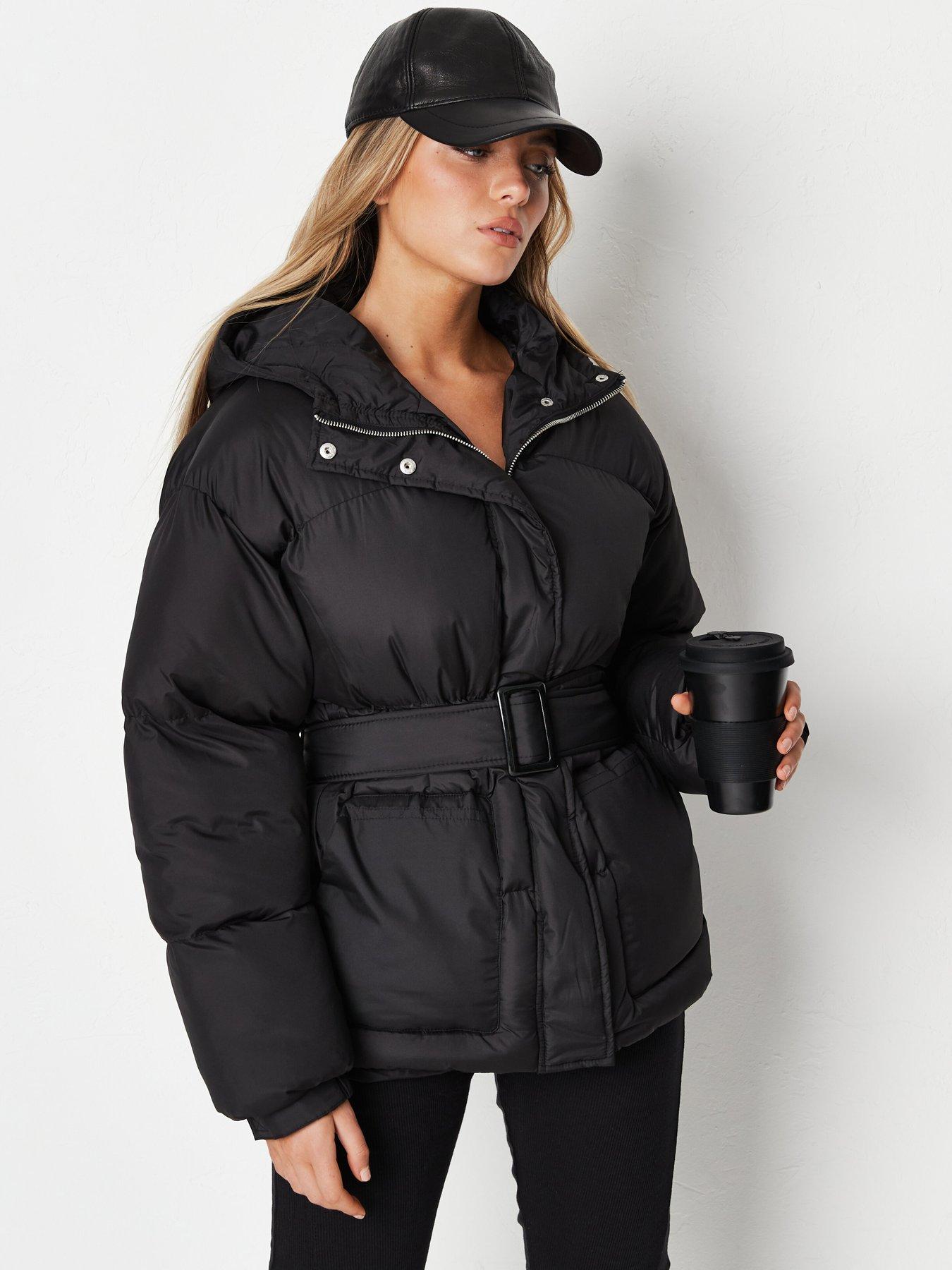 Women Missguided Belted Padded Hooded Jacket - Black