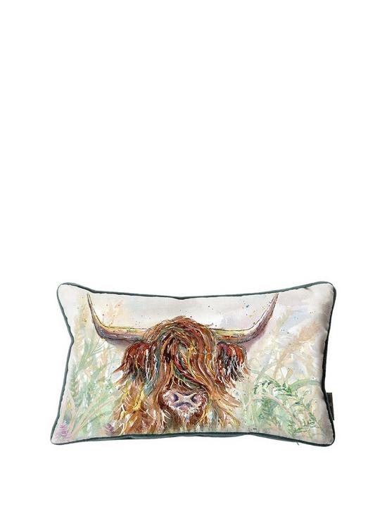 front image of kilburn-scott-highland-cow-watercolour-cushion-ndash-30-x-50-cm
