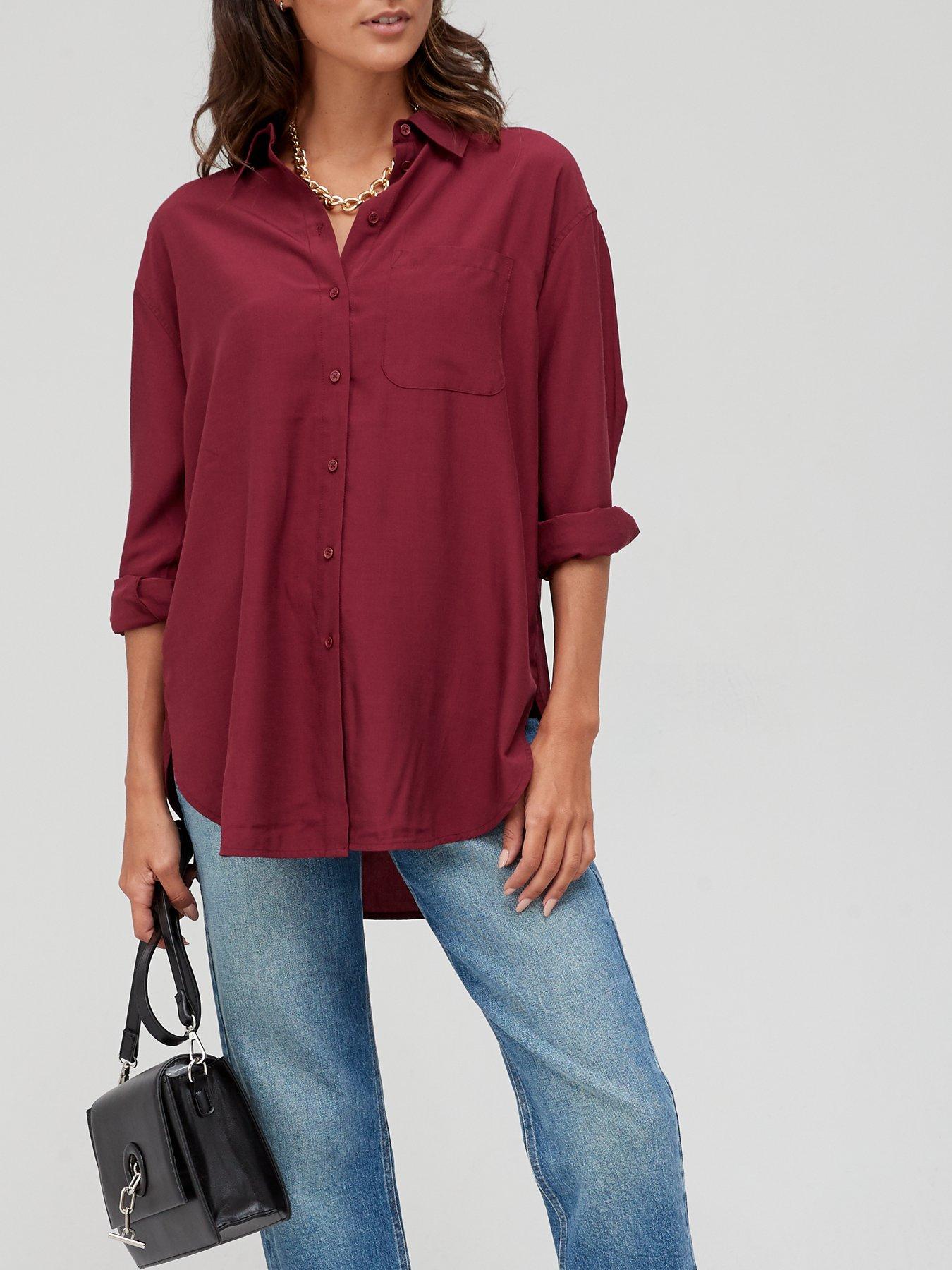 Women Premium Cupro Longline Shirt - Dark Red