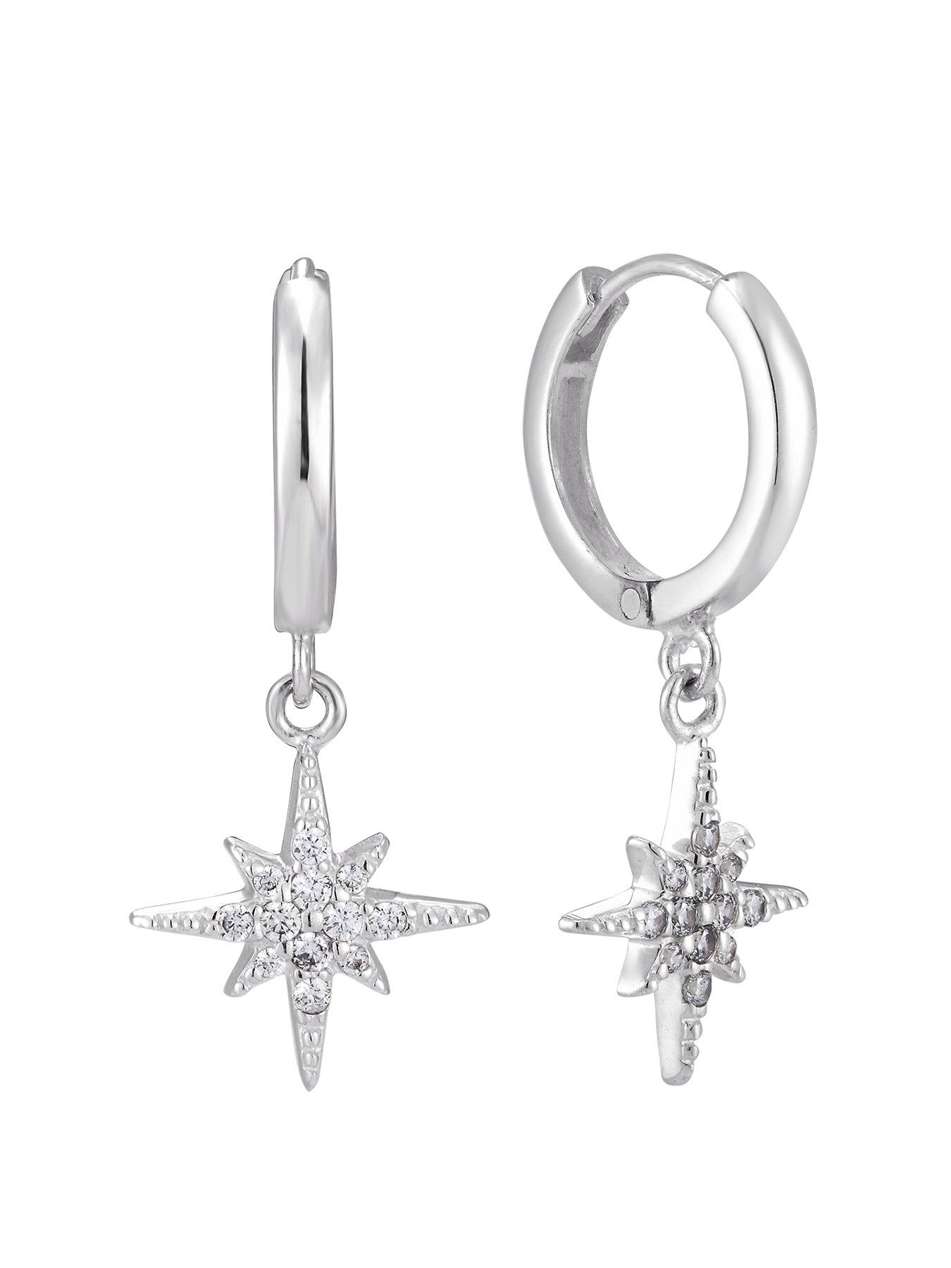 Product photograph of The Love Silver Collection Sterling Silver North Star Cubic Zirconia Huggie Hoop Earrings from very.co.uk