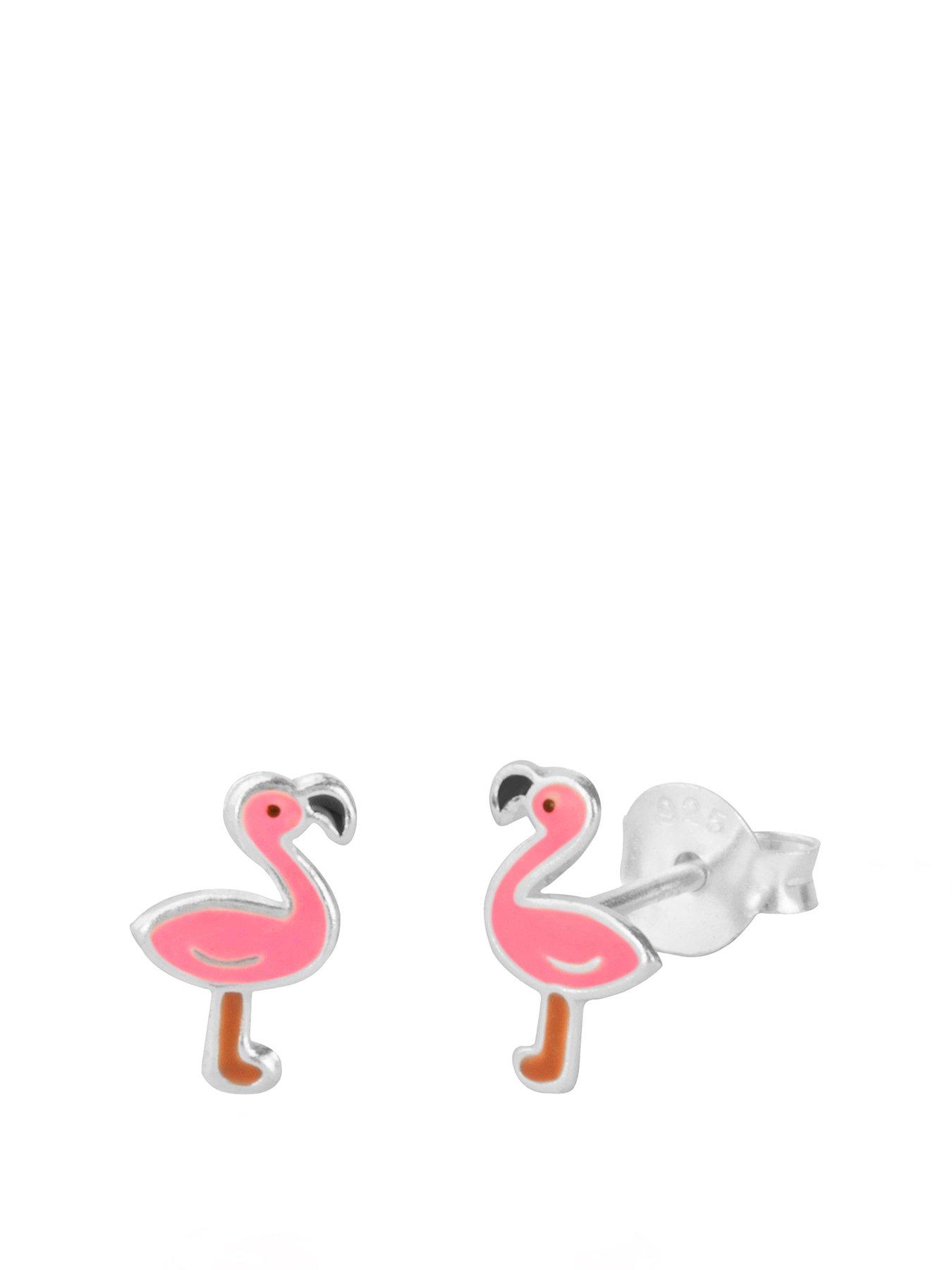 Product photograph of The Love Collection Sterling Silver Enamel Flamingo Studs from very.co.uk