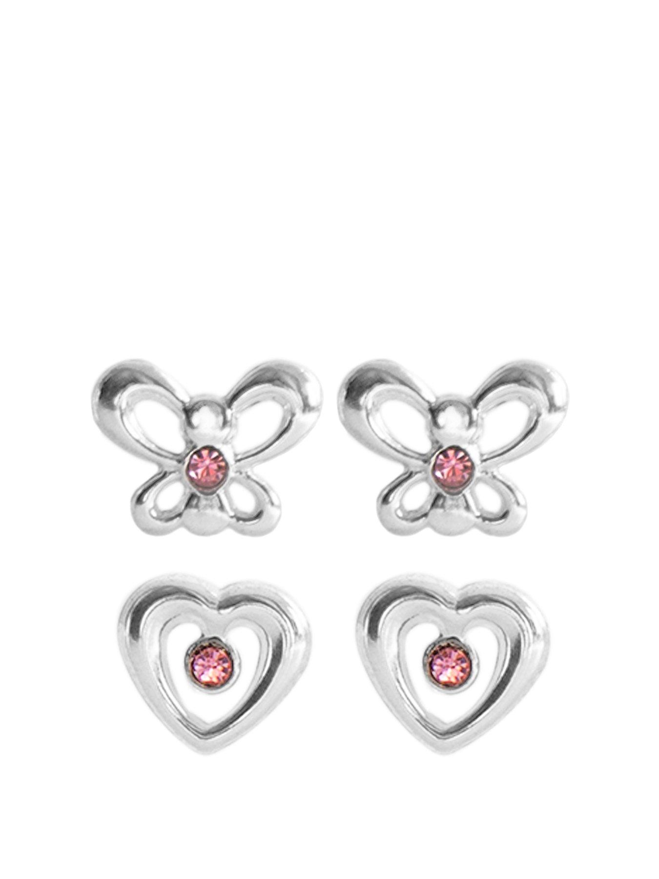 The Love Collection Sterling Silver Set Of Two Pink Crystal Butterfly And Heart Studs
